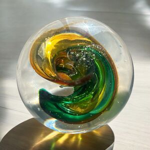Vintage Handblown Crystal Paper Weight Signed By Marian Pyrcak- Green Gold Swirl